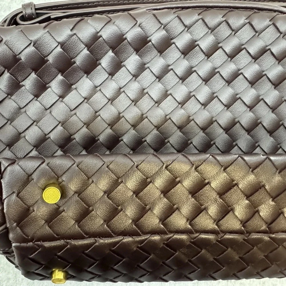 Vegan Leather Woven Hand Bag Brown Top Handle Women Shoulder Bag Adjustable - Picture 2 of 16